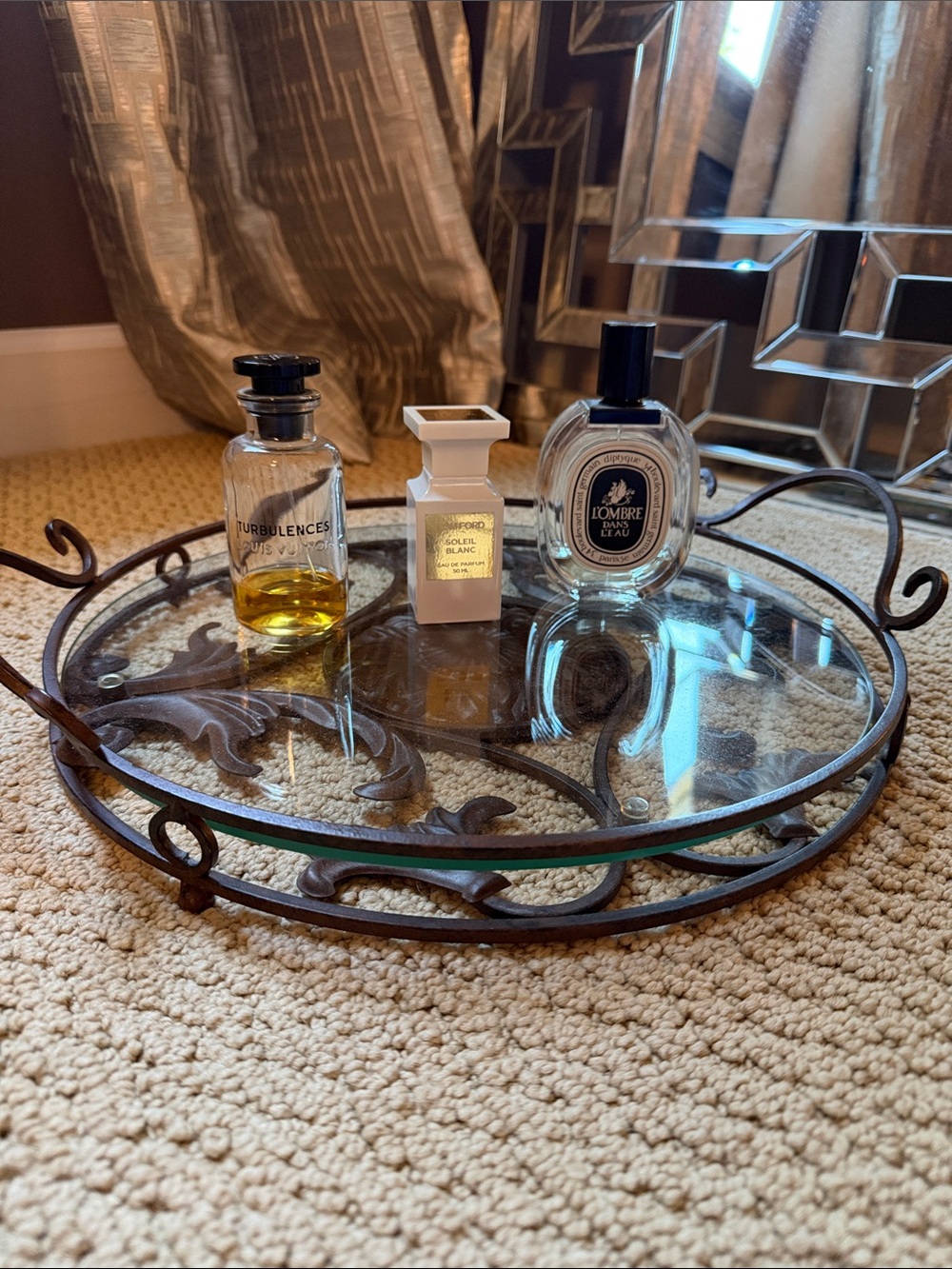 Round Glass Vanity Tray with Ornate Brown Iron Frame
